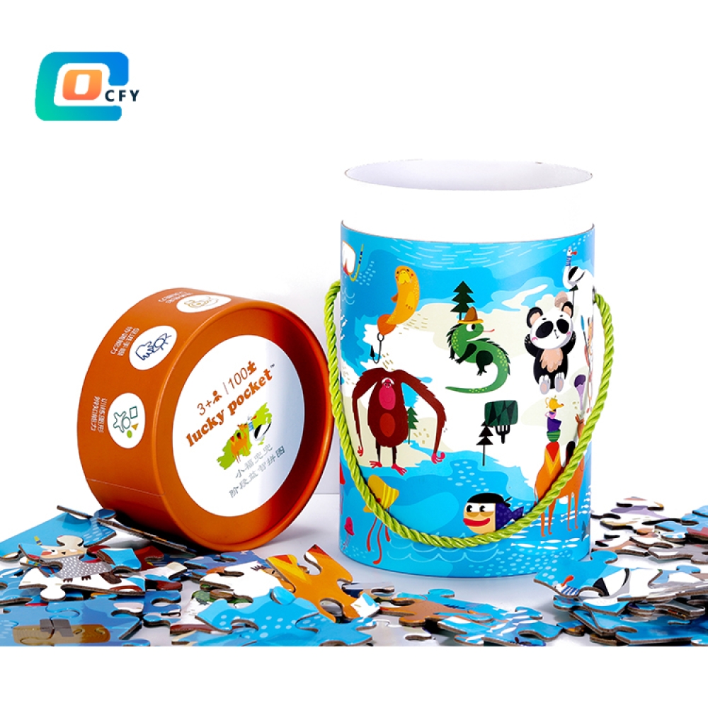 Wholesale Kids Games Custom eco-friendly Paper jigsaw puzzles round gift tube box 100 Pieces