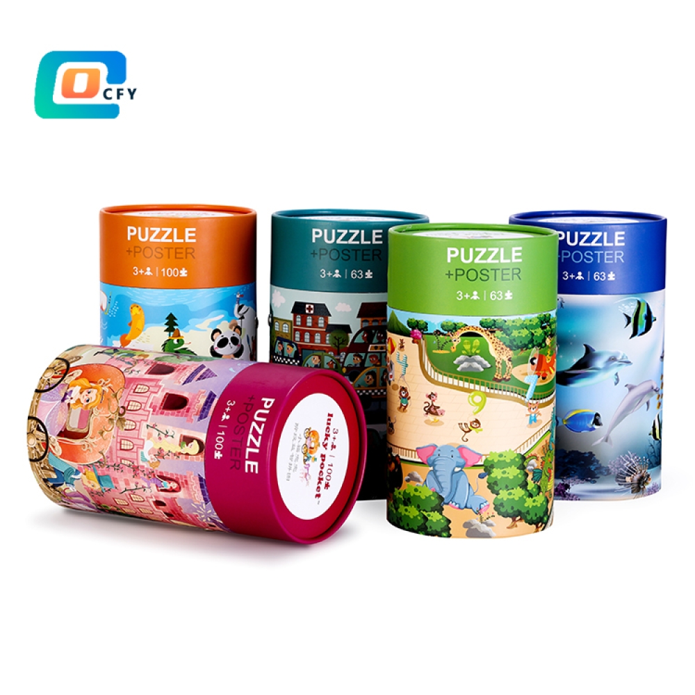 Wholesale Kids Games Custom eco-friendly Paper jigsaw puzzles round gift tube box 100 Pieces